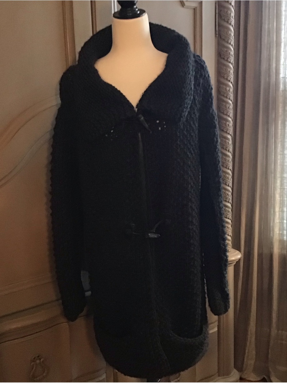 Black Shawl Collar Toggle Knit Cardigan Sweater
